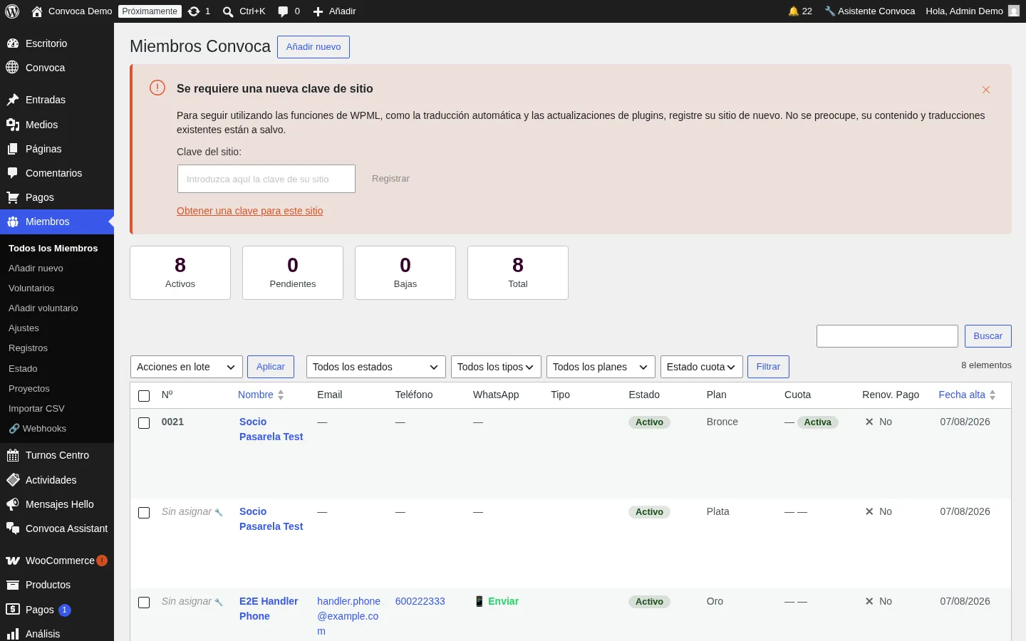 Listado de socios en Convoca Members con estados y cuotas