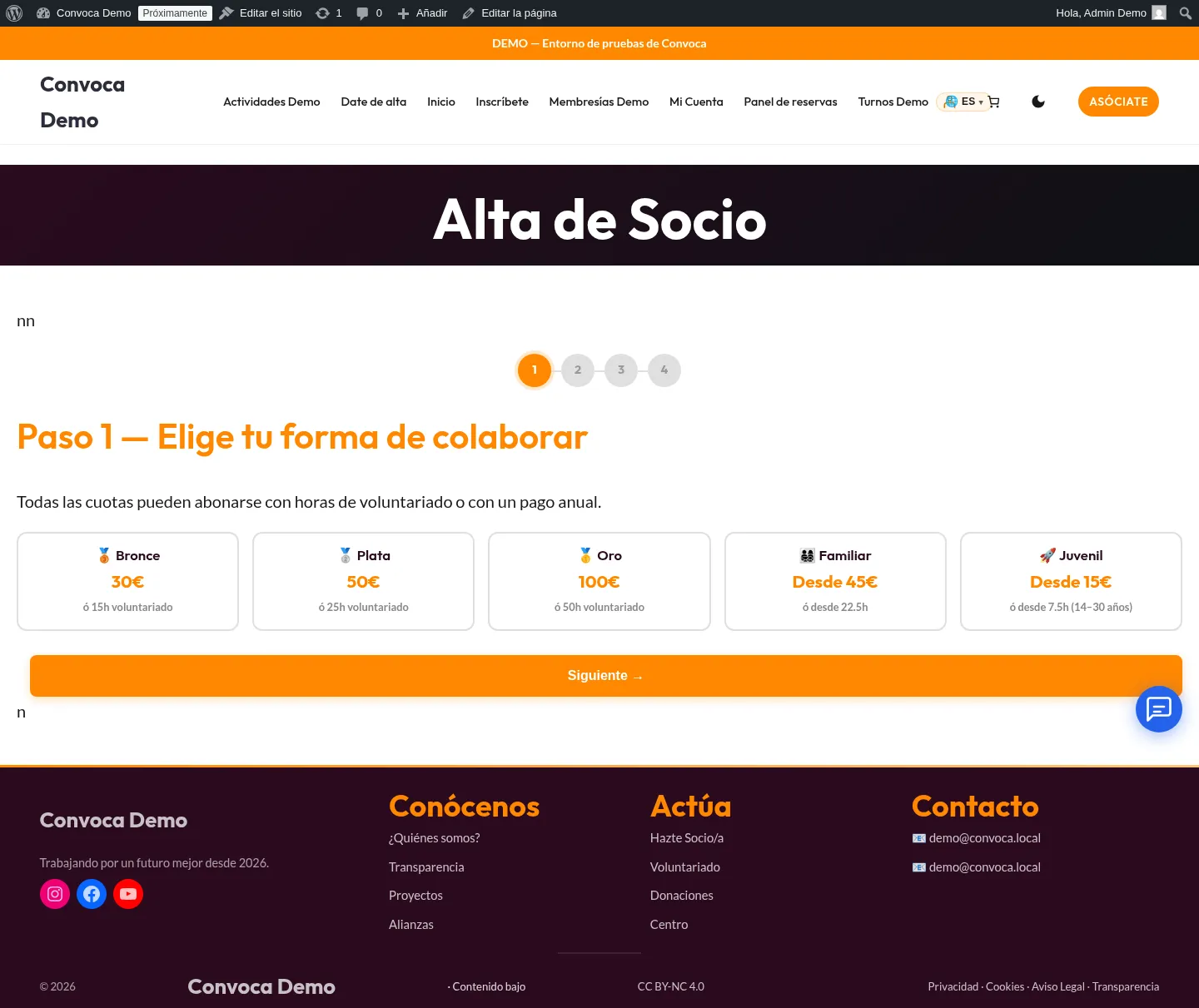 Formulario de alta de socio en Convoca