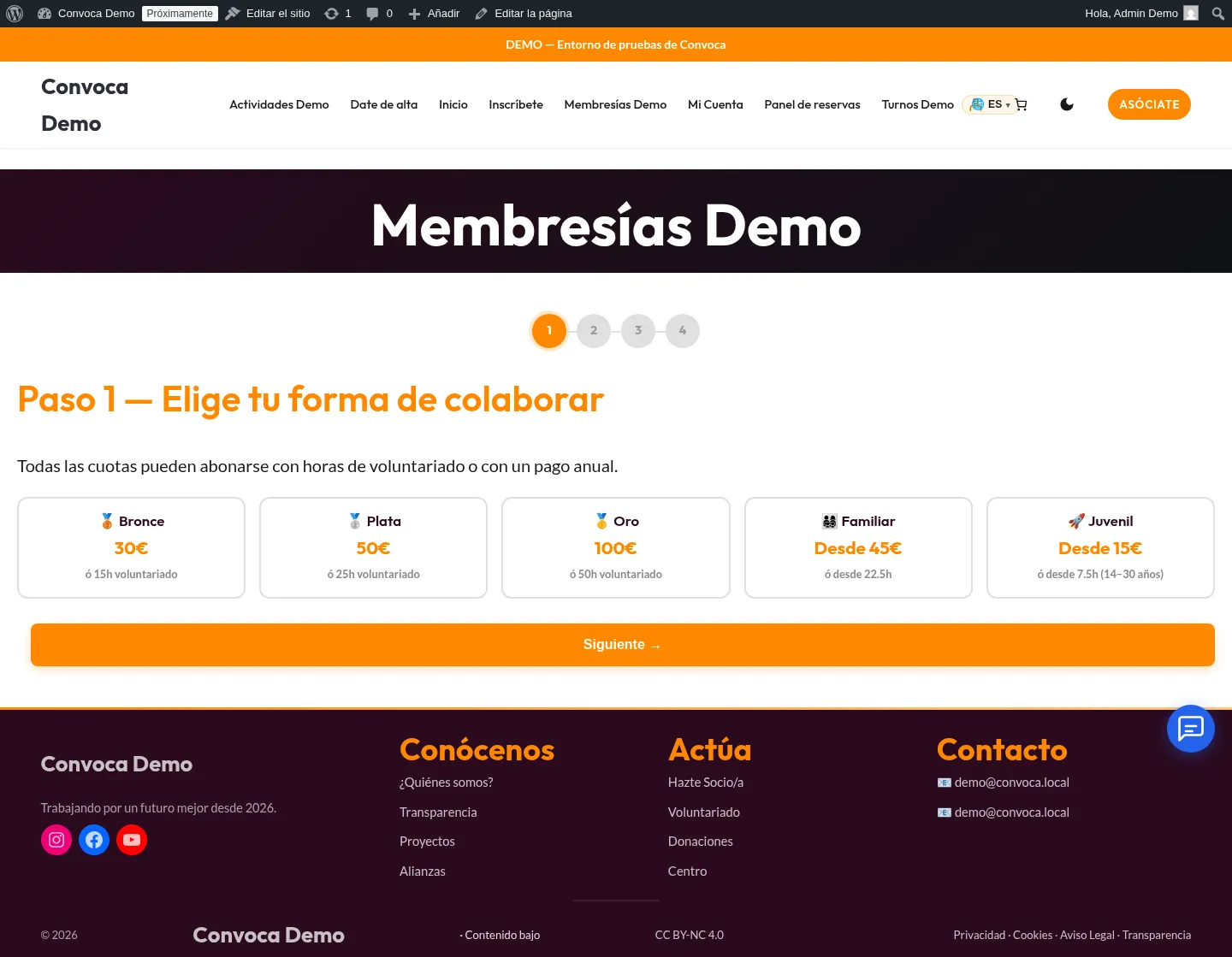 Página de membresías de Convoca