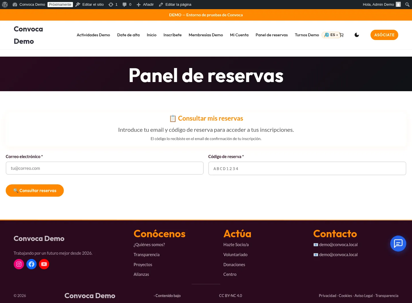 Panel de reservas de Convoca
